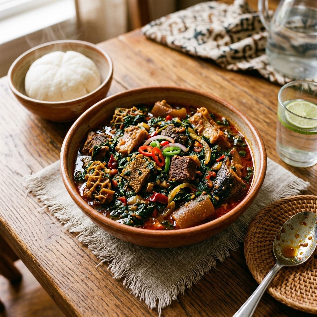 Efo riro soup with spinach and meat