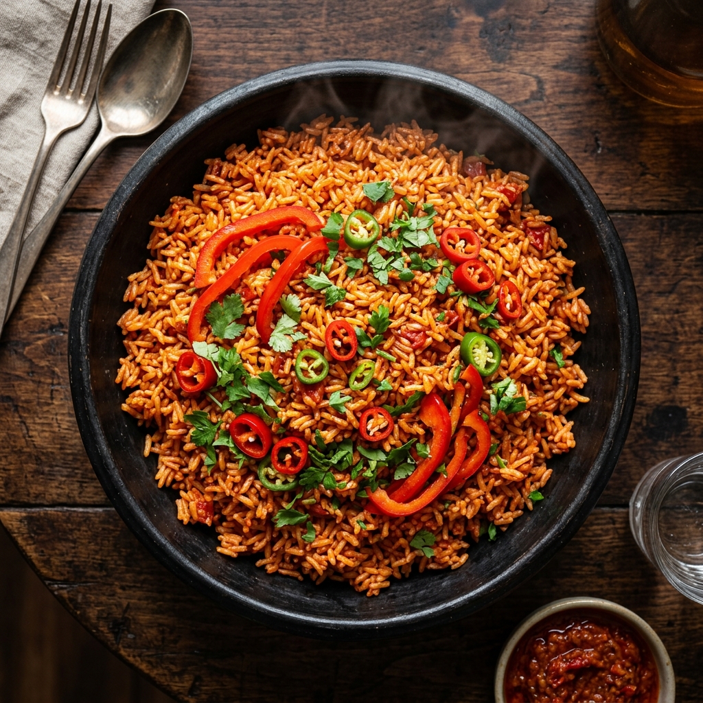 Smoky Nigerian jollof rice served fresh at NaNa's Flavor Bakery and Kitchen