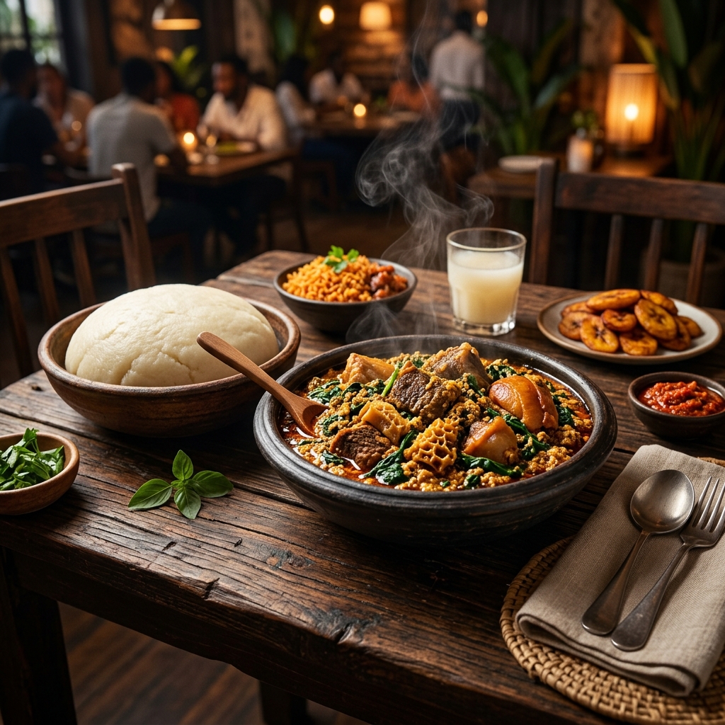 Rich egusi soup with assorted meats and leafy greens